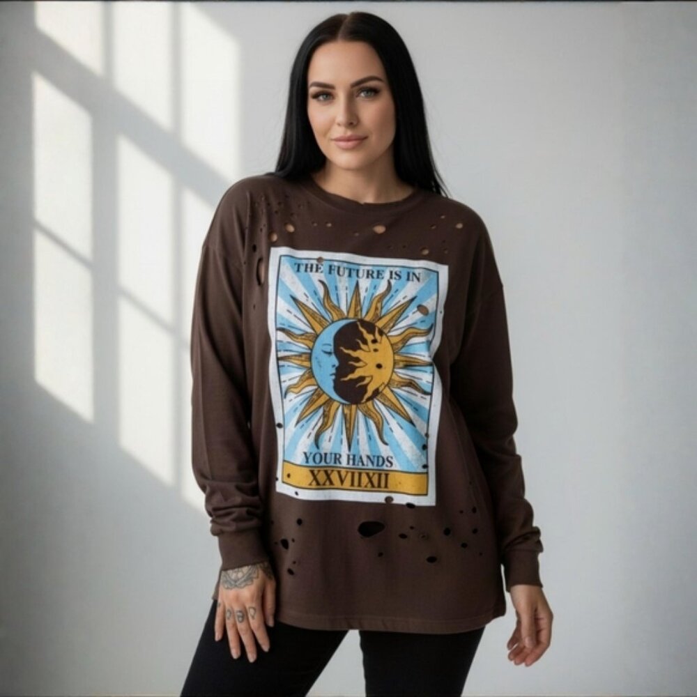 Fashion Nova ✦ Future In Your Hands Tarot Top ✦ Brown Distressed Oversized Tunic - Picture 1 of 10